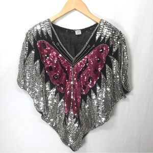 Vintage Sequin Pink Butterfly Top Halloween Costume Poncho Black Silver Medium